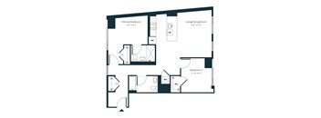 A black and white image of a floor plan for a home with a living/dining room, two bedrooms, and a bathroom.