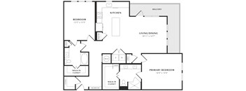 A black and white floor plan of a house with a living room, dining room, kitchen, and two bedrooms.
