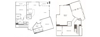 A floor plan of a house with two balconies, a dining area, a kitchen, a living room, two bedrooms, a bathroom, a washbasin, a toilet, a waste bin, a water clos