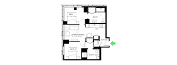 A floor plan of a house with a living room, dining room, kitchen, two bedrooms, and two bathrooms.