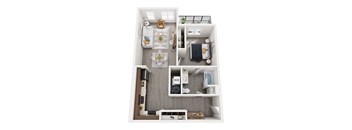 A top-down view of a small apartment with a kitchen, living room, and bedroom.