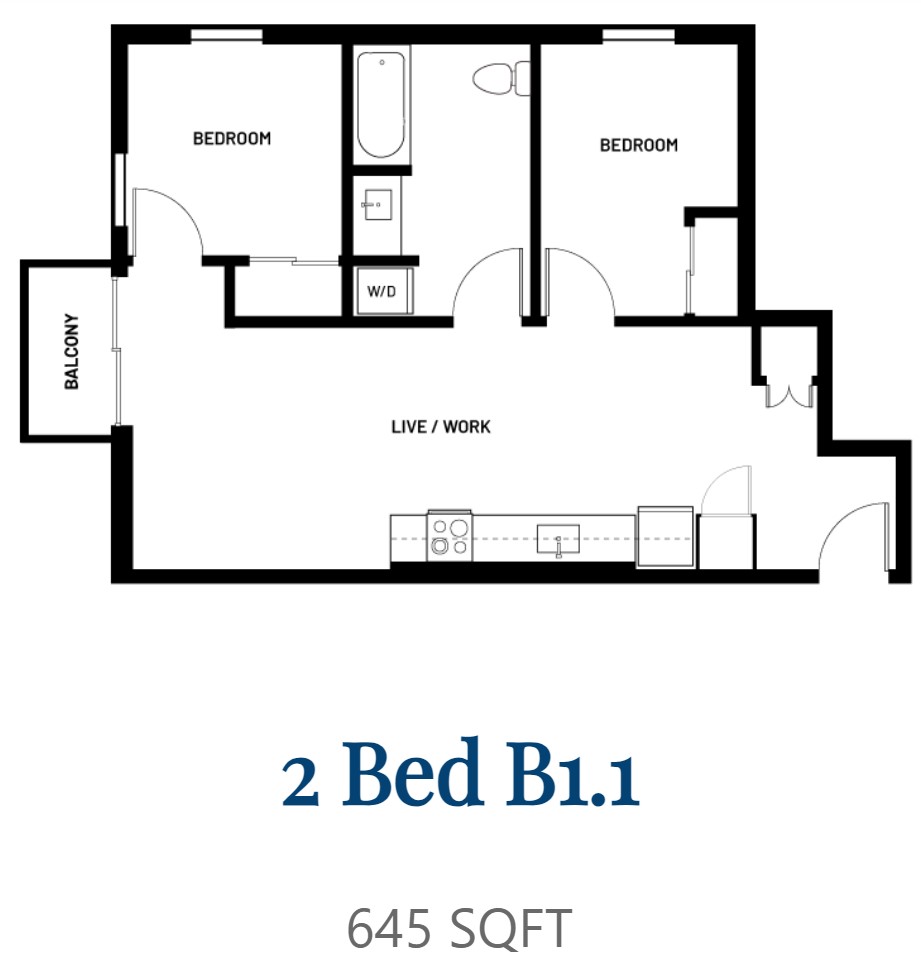A black and white image of a 2 Bedroom B1.1 apartment that is 645 sqft.