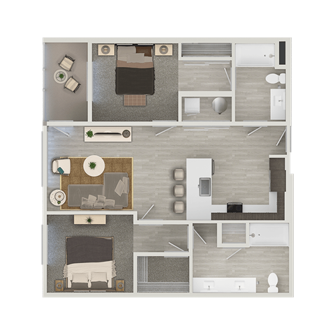 A top-down view of a house layout with a kitchen, living room, and bedrooms.