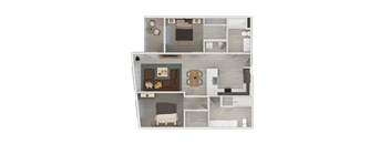A top-down view of a house layout with a living room, kitchen, and bedrooms.