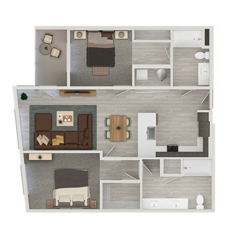 A top-down view of a house layout with a living room, kitchen, and bedrooms.