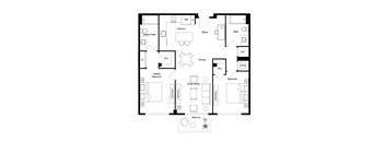 A black and white floor plan of an apartment with a kitchen, dining room, and two bedrooms.