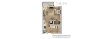 A 3D floor plan of a small apartment with a kitchen, living room, and bathroom.