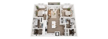 A top-down view of a two-bedroom apartment with a living room, kitchen, and bathroom.