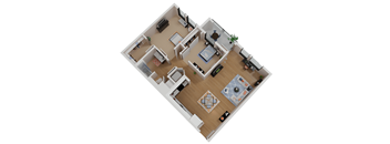 A top down view of a house interior with a kitchen, living room, dining room, and bathroom.
