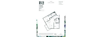 A floor plan for a two bedroom, two bathroom apartment at the Alexan Gallerie.