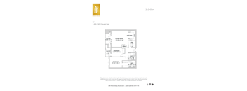 A floor plan for a 2x2+Den apartment with a living room, kitchen, and three bedrooms.
