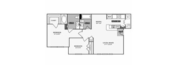 A floor plan of a house with a living room, dining room, kitchen, two bathrooms, and three bedrooms.