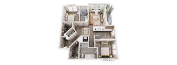 A floor plan of a two-story apartment with a living room, kitchen, and bathrooms.