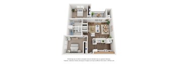 A 3D floor plan of a small apartment with a kitchen, living room, and bathroom.