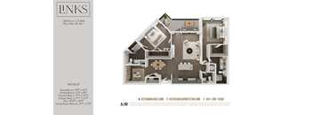A floor plan for a 3 bedroom, 2.5 bath home with a living room, dining room, kitchen, and two bedrooms.