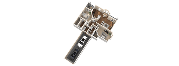 A 3D rendered image of a house layout.