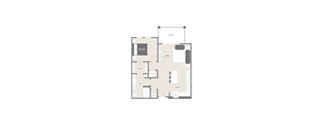 A floor plan of an apartment with a living room, kitchen, bathroom, and balcony.