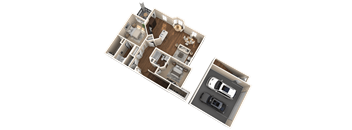 A 3D floor plan of a house with a garage and a car.