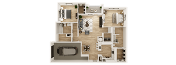 A top-down view of a house layout with a living room, kitchen, dining area, and a car parked in the garage.