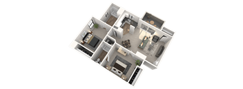 A 3D floor plan of a house with multiple rooms.