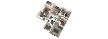 A 3D floor plan of a house with multiple rooms and furniture.