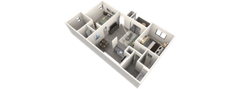 A 3D image of a house layout with a living room, kitchen, and two bedrooms.