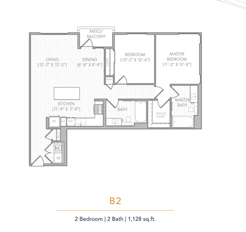 A floor plan of a 2 bedroom apartment with 2 bathrooms and a total area of 1,128 sq.ft.