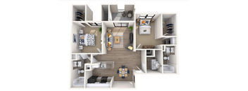 A 3D floor plan of a small apartment with a kitchen, living room, and bedroom.
