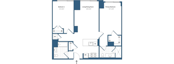 A blueprint of a house layout with three bedrooms and a living/dining room.