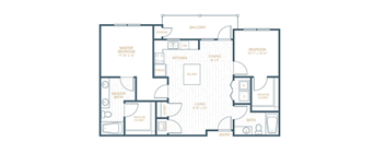 A floor plan of a house with a master bedroom, a kitchen, a dining room, and a living room.