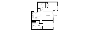 A floor plan of a house with a kitchen, living room, two bedrooms, and a balcony.