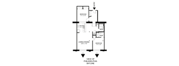 A floor plan of a two bedroom apartment with a living/dining area.