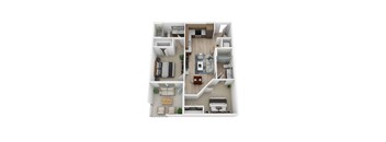a 3d rendering of a floor plan with a bedroom and living room