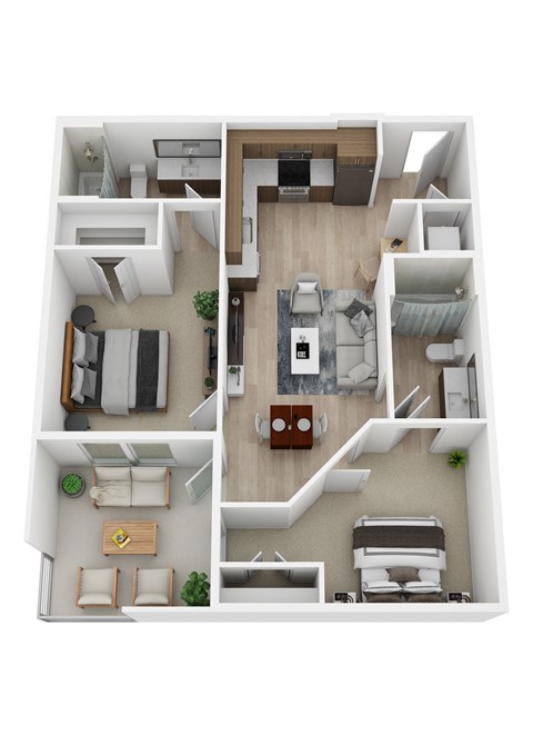 a 3d rendering of a floor plan with a bedroom and living room