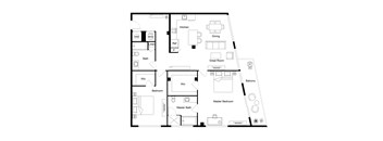 A floor plan of a house with a kitchen, dining room, and two bedrooms.