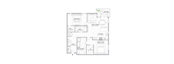 A floor plan of a house with a balcony, two bathrooms, a living room, a kitchen, a master suite, and an entry.
