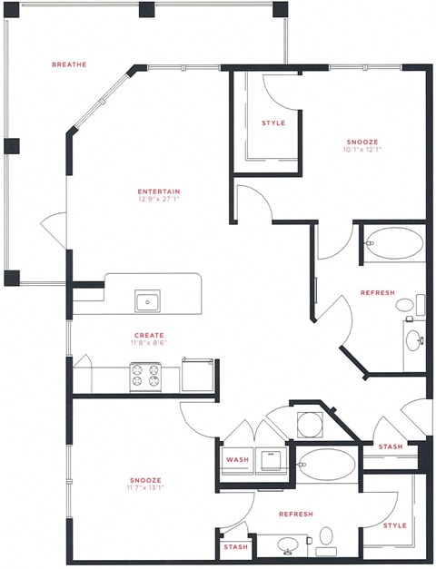 A floor plan of a house with rooms labeled as "REFRESH", "STASH", "STYLE", "CREATE", "ENTERTAIN", and "BREATHE".
