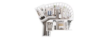 A top down view of a modern, white and wood interior.