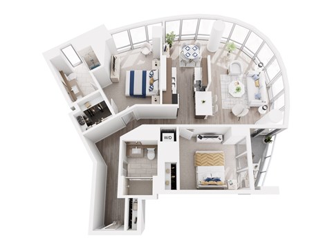 A top down view of a modern, white and wood interior.