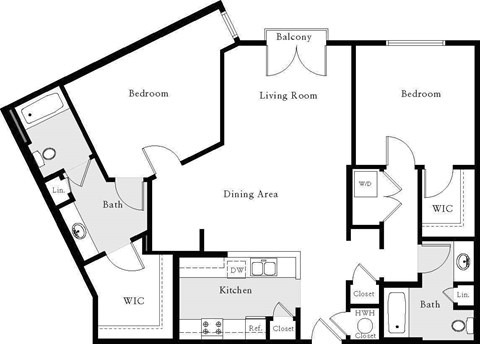 A floor plan of a house with a living room, dining area, kitchen, and three bedrooms.