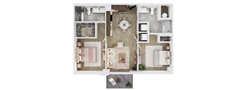 A top-down view of a modern bathroom with a toilet, sink, and bathtub.