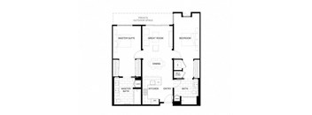 A floor plan of a house with a master suite and a great room.