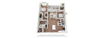 A 3D floor plan of a house with a kitchen, living room, and two bedrooms.