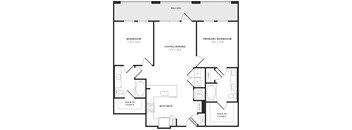 A black and white image of a floor plan for a home with a balcony, two bedrooms, a living/dining area, a kitchen, and two walk-in closets.
