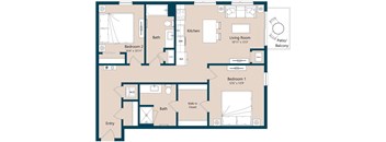 A floor plan of a two bedroom apartment with a living room, kitchen, and bathrooms.