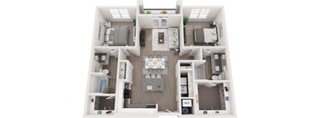 A top-down view of a small apartment with a kitchen, living room, and two bedrooms.