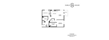 A floor plan for a two bedroom, two bath house with a living/dining area.