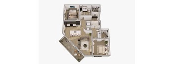 A 3D floor plan of a house with multiple rooms.