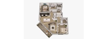 A 3D floor plan of a house with multiple rooms.