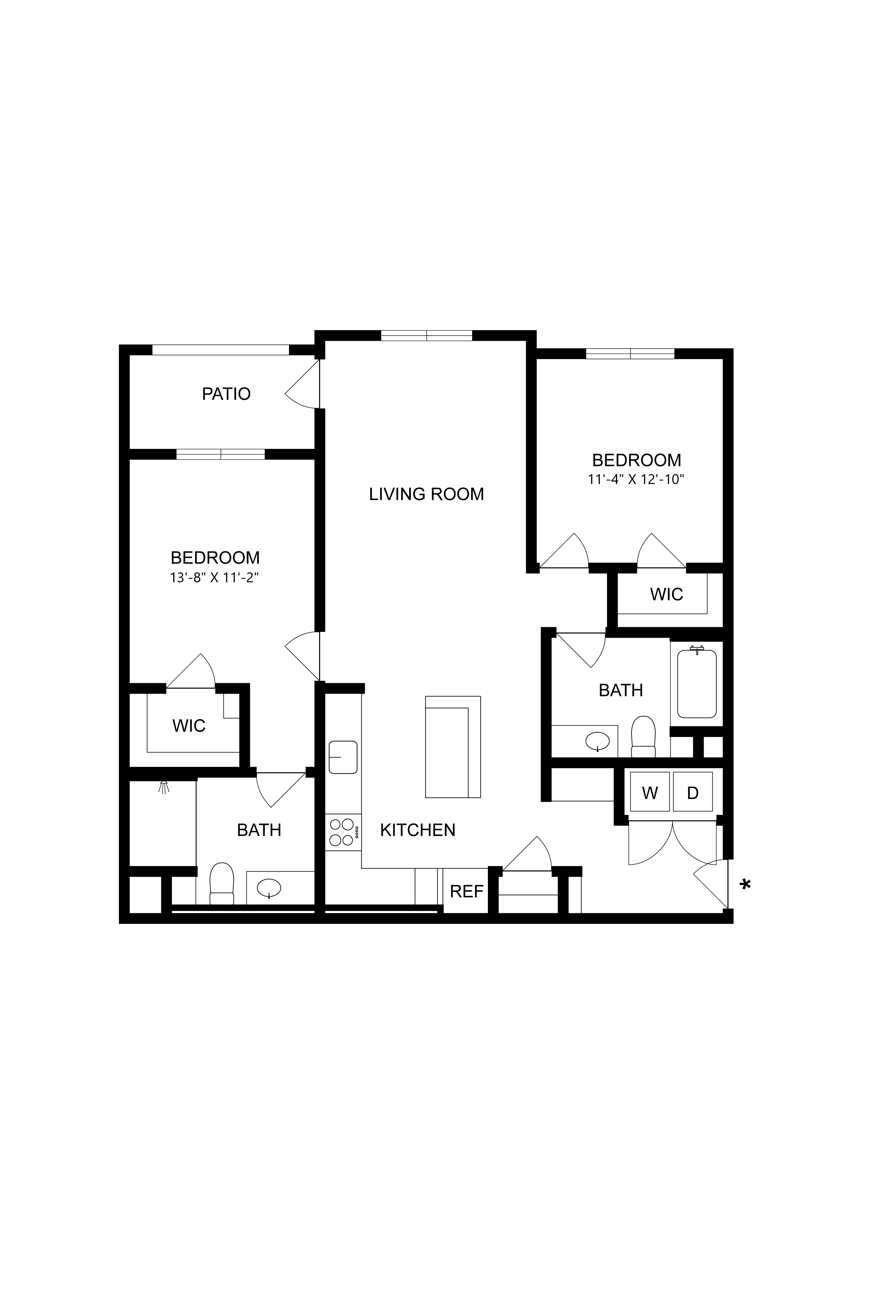 A floor plan of a house with a living room, two bedrooms, a bathroom, a kitchen, and a patio.